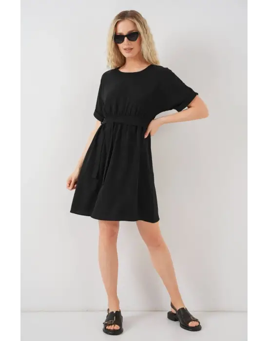 Kısa Kol Mini Ayrobin Elbise 2572 - Siyah