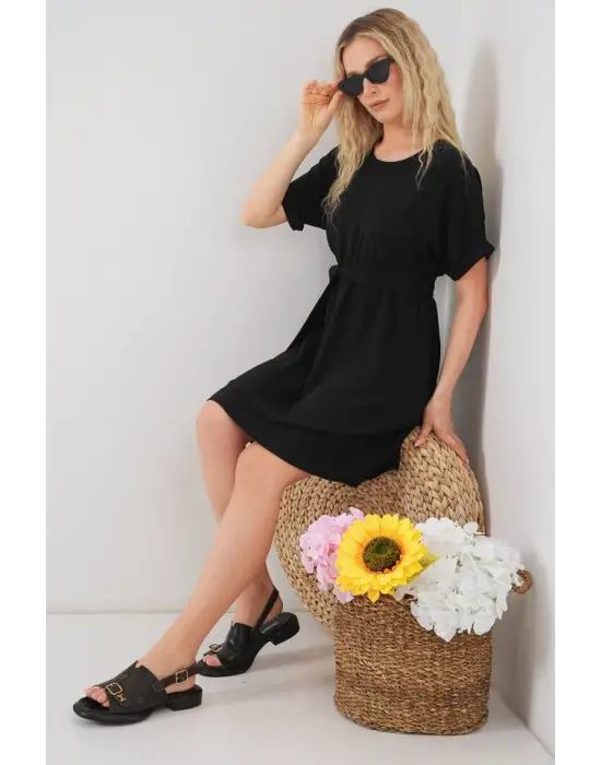 Kısa Kol Mini Ayrobin Elbise 2572 - Siyah