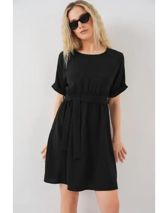 Kısa Kol Mini Ayrobin Elbise 2572 - Siyah