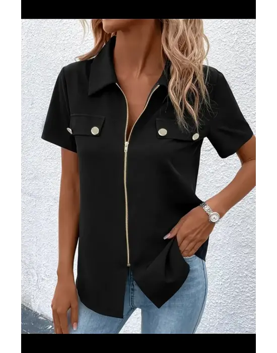 Omarı Fermuar Detaylı Kadın Ithal Krep Bluz