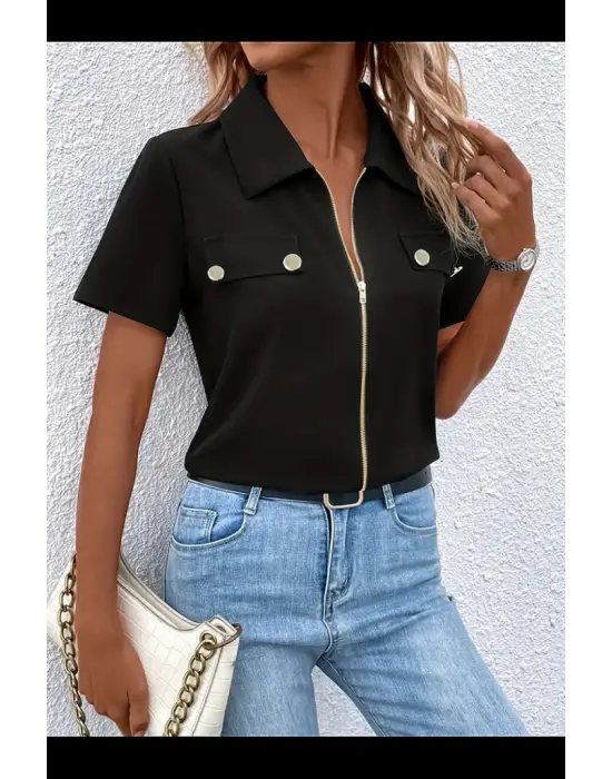 Omarı Fermuar Detaylı Kadın Ithal Krep Bluz