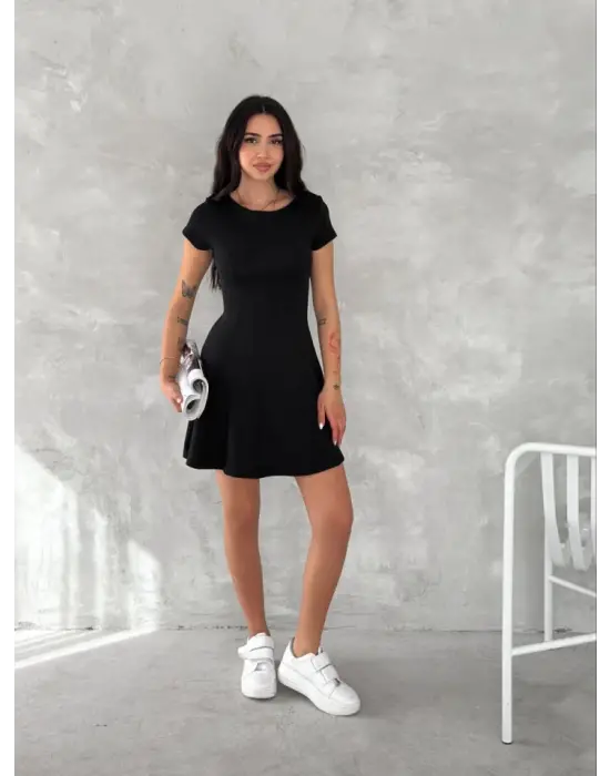 Kısa Kollu Mini Elbise - Siyah