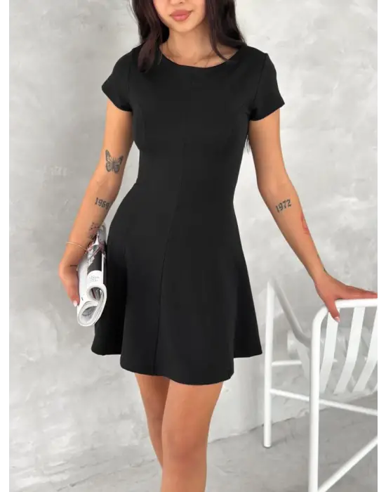 Kısa Kollu Mini Elbise - Siyah