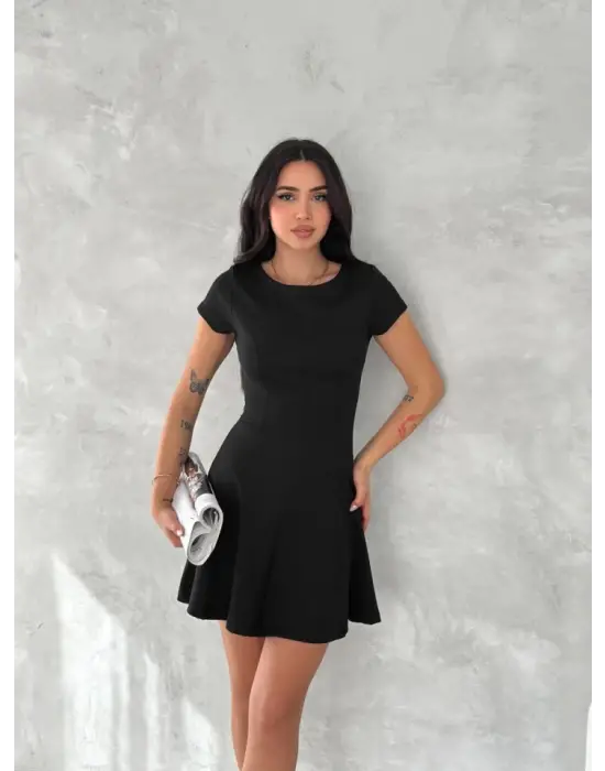 Kısa Kollu Mini Elbise - Siyah