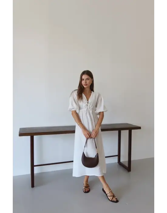 Kısa kollu müslin elbise beyaz pt