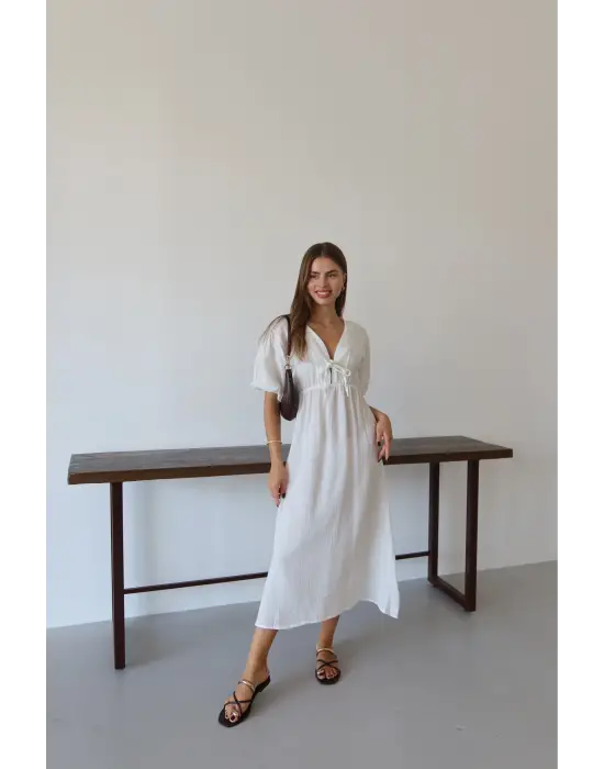 Kısa kollu müslin elbise beyaz pt