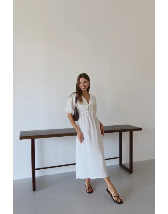 Kısa kollu müslin elbise beyaz pt