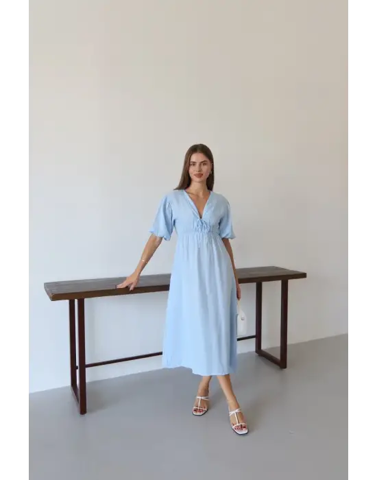 Kısa kollu müslin elbise mavi pt