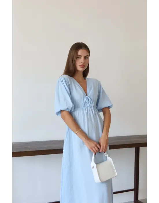 Kısa kollu müslin elbise mavi pt