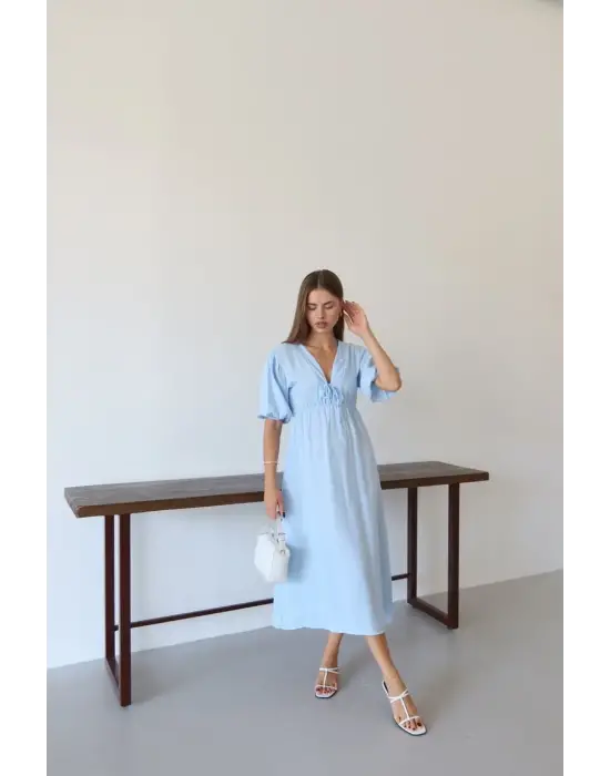 Kısa kollu müslin elbise mavi pt