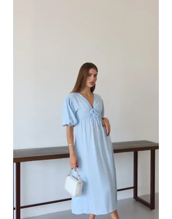 Kısa kollu müslin elbise mavi pt