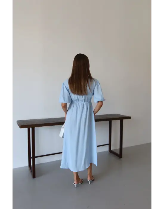 Kısa kollu müslin elbise mavi pt