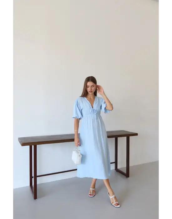 Kısa kollu müslin elbise mavi pt