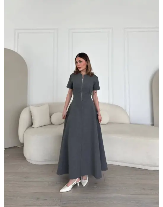 Omarı Fermuarlı Çan Etekli Uzun Elbise - Antrasit
