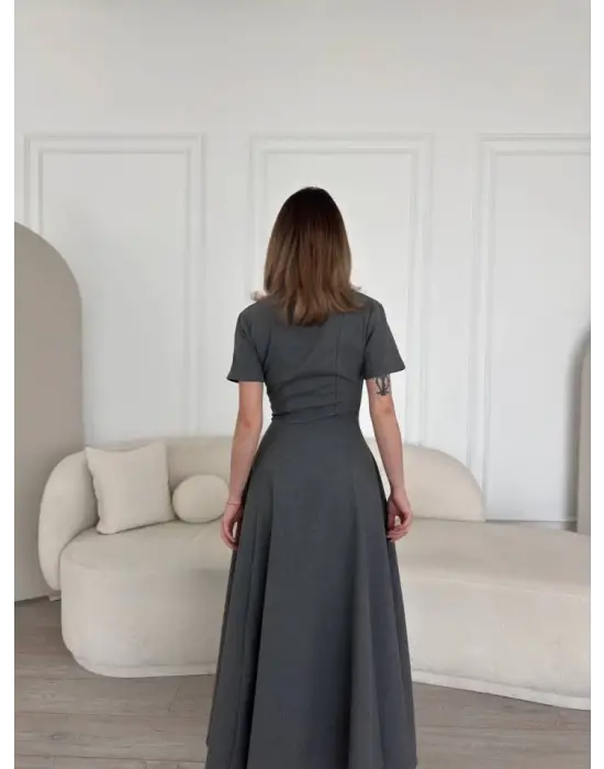 Omarı Fermuarlı Çan Etekli Uzun Elbise - Antrasit