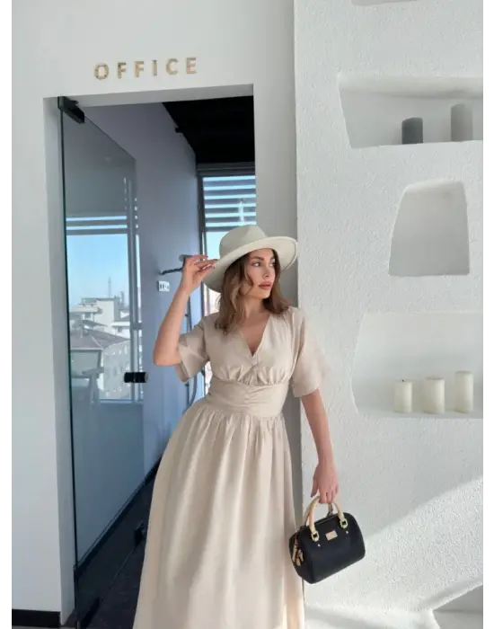 Kısa Kollu Uzun Elbise - Kırık Beyaz