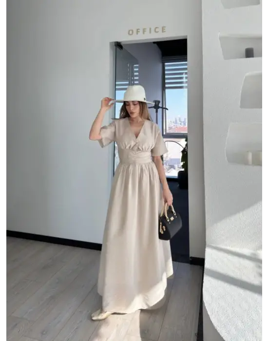 Kısa Kollu Uzun Elbise - Kırık Beyaz