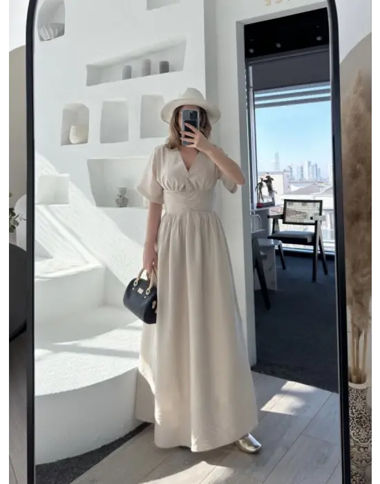 Kısa Kollu Uzun Elbise - Kırık Beyaz