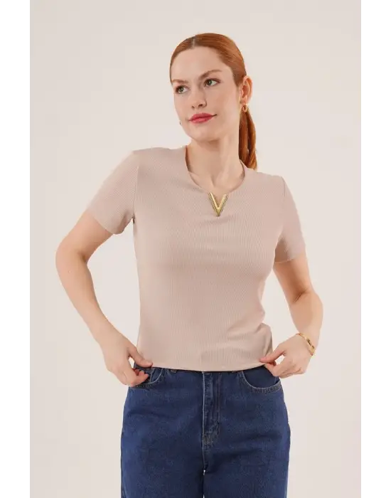 Kısa Kollu Yaka Detaylı Kaşkorse Taş Bluz