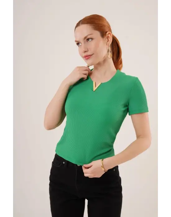 Kısa Kollu Yaka Detaylı Kaşkorse Yeşil Bluz