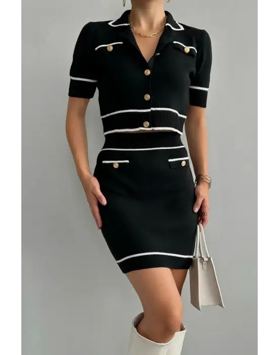 Kısa Triko Etekli Takım - Siyah-Krem