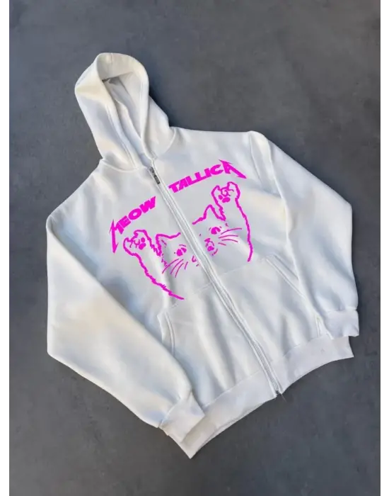 Kışlık Baskılı Fermuarlı Kapüşonlu Hırka - Beyaz