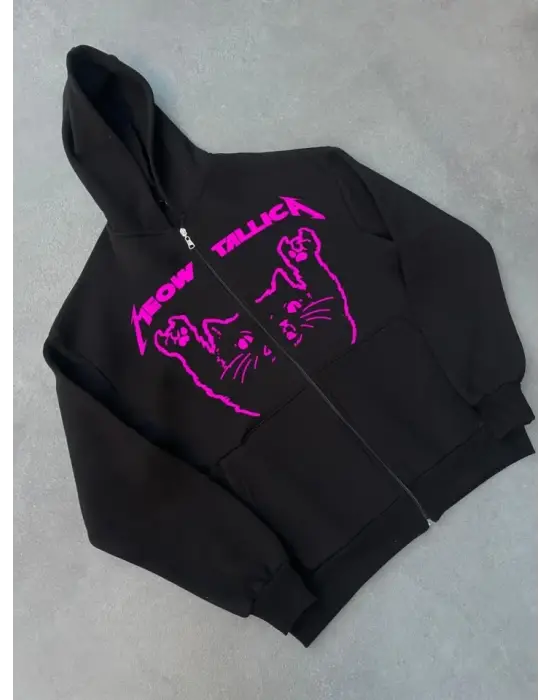 Kışlık Baskılı Fermuarlı Kapüşonlu Hırka - Siyah