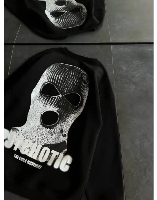 Kışlık Bisiklet Yaka Baskılı SweatShirt - Siyah