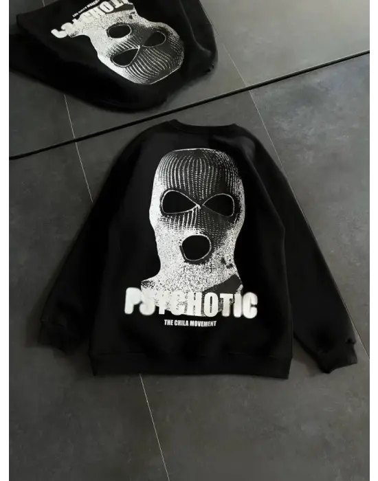 Kışlık Bisiklet Yaka Baskılı SweatShirt - Siyah