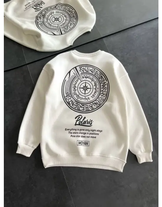 Kışlık Bisiklet Yaka Ön Ve Arka Baskılı SweatShirt - Beyaz