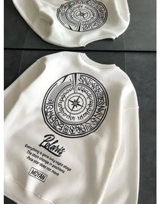 Kışlık Bisiklet Yaka Ön Ve Arka Baskılı SweatShirt - Beyaz