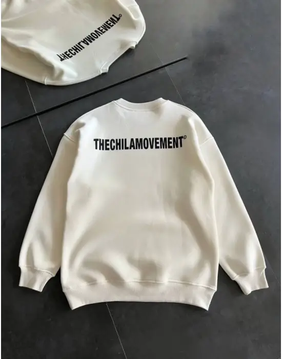 Kışlık Bisiklet Yaka Oversize Baskılı SweatShirt - Beyaz