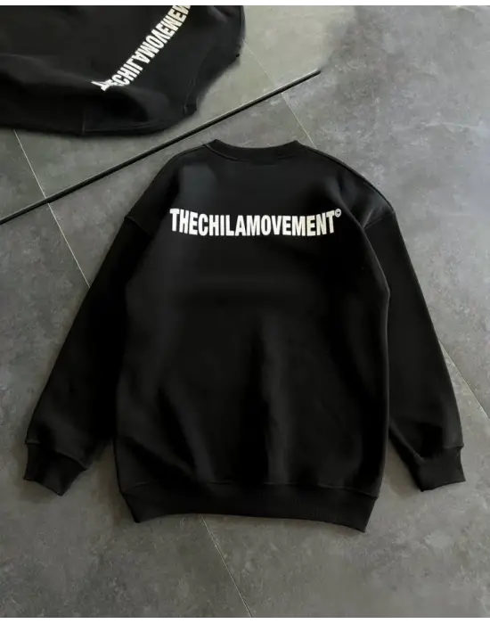 Kışlık Bisiklet Yaka Oversize Baskılı SweatShirt - Siyah