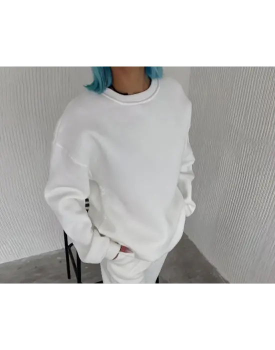 Kışlık Bisiklet Yaka Üç İplik Basic SweatShirt - Beyaz