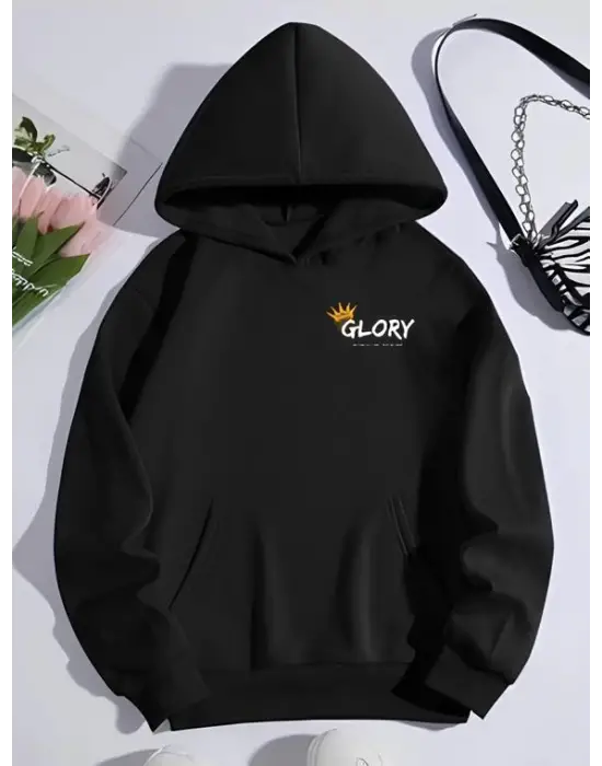 Omarı Siyah Kapşonlu Kışlık Sweatshirt