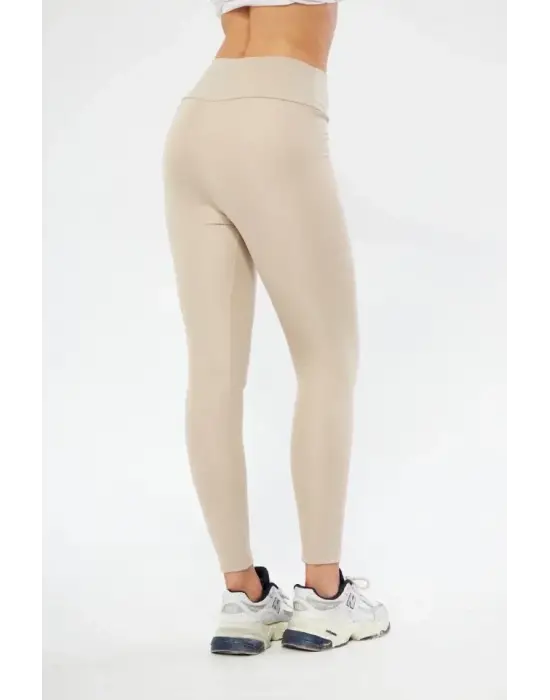 Kışlık Yüksek Bel Toparlayicı Ve Sıkılaştırıcı Likralı Şardonlu Tayt - Bej