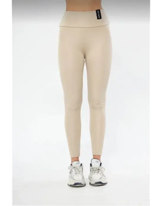 Kışlık Yüksek Bel Toparlayicı Ve Sıkılaştırıcı Likralı Şardonlu Tayt - Bej