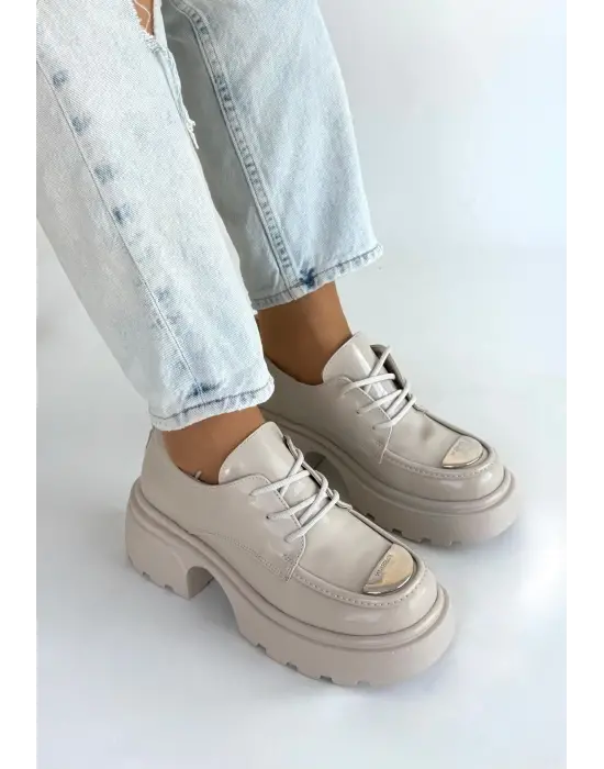 Kiya Bej Rugan Dolgu Topuk Oxford Ayakkabı