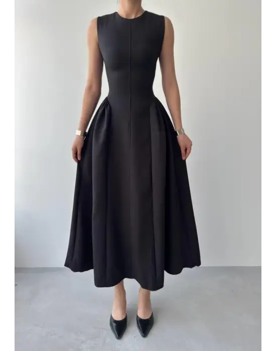 Omarı Zarif Siyah Midi Elbise