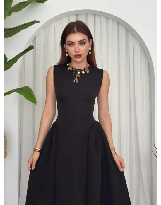 Omarı Zarif Siyah Midi Elbise