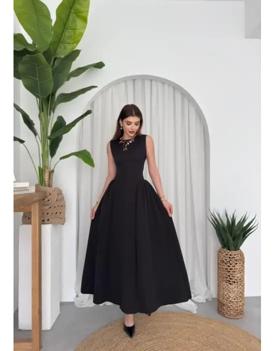 Omarı Zarif Siyah Midi Elbise