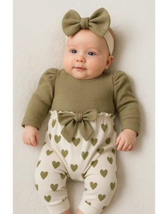Kız Bebek Kalp Desenli Waffle Bandanalı 2li Tulum