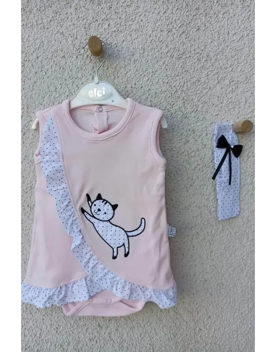 Kız Bebek Pembe Kedili Fırfırlı Bandanalı Badi