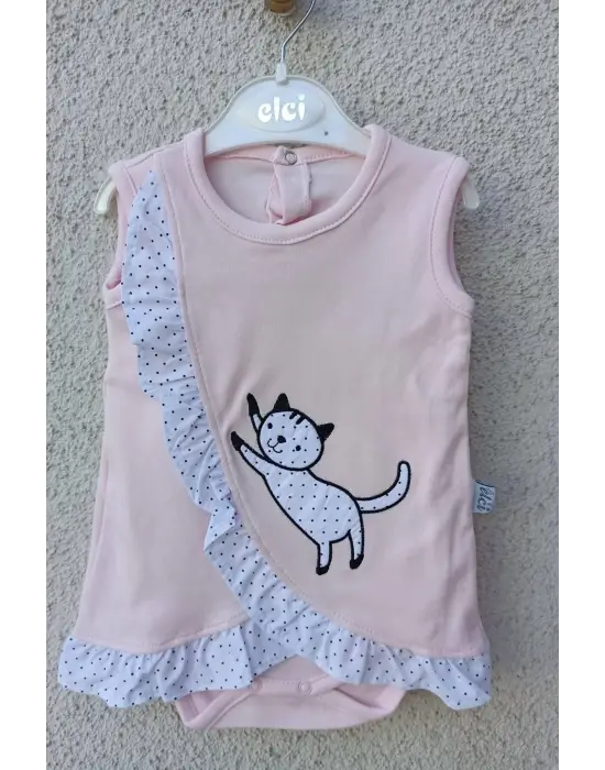 Kız Bebek Pembe Kedili Fırfırlı Bandanalı Badi