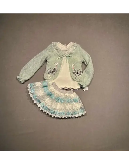 Omarı Yenidoğan Kız Çocuk 3lü Örme Hırka Etek Takımı