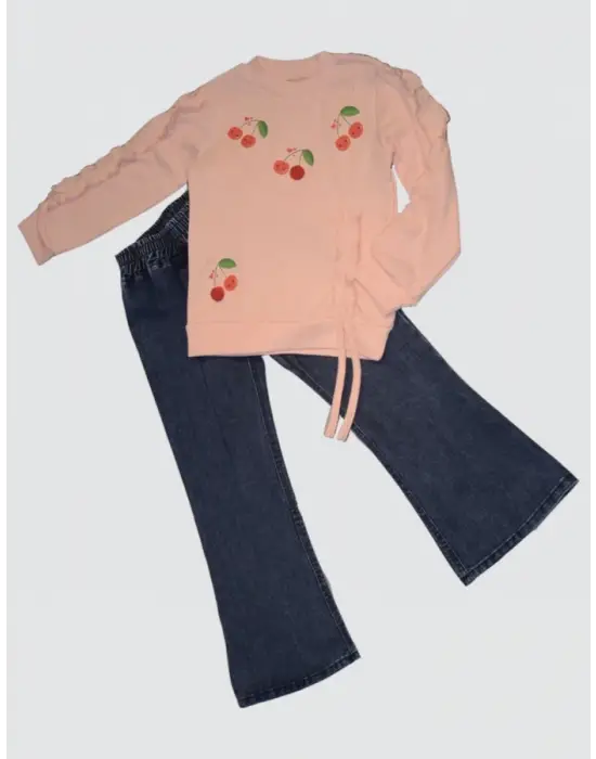 Omarı Kız Çocuk Kot Pantolonlu Kiraz Desenli Penye Takımı
