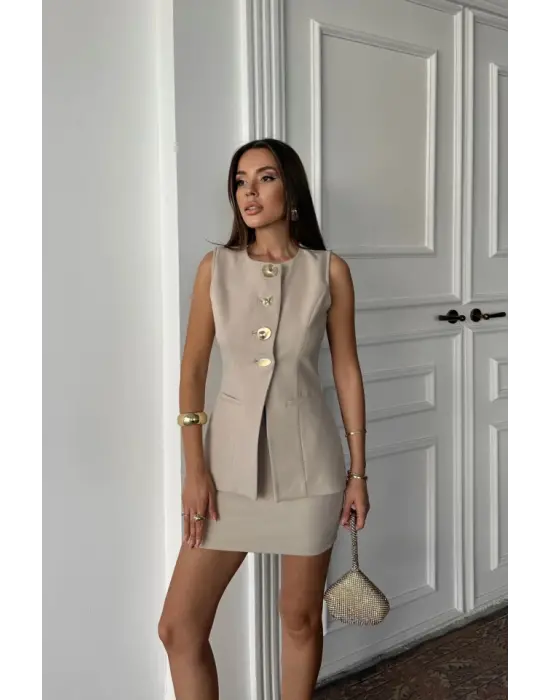 KLASİK GOLD DÜĞMELİ YELEK - KISA ETEK TAKIM - Bej