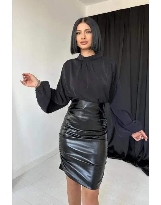 Omarı Siyah Deri Elbise - Zarif ve Şık Model