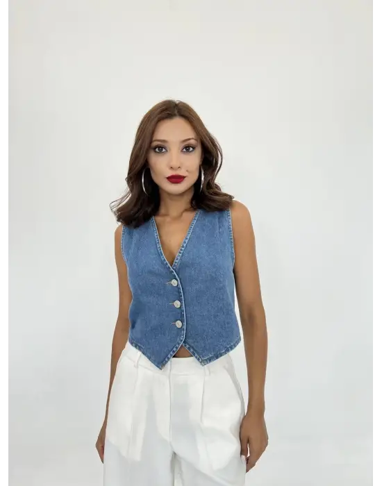 Omarı Yırtık Detaylı Mavi Kot Yelek