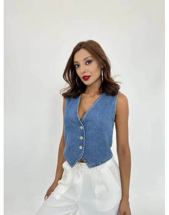 Omarı Yırtık Detaylı Mavi Kot Yelek